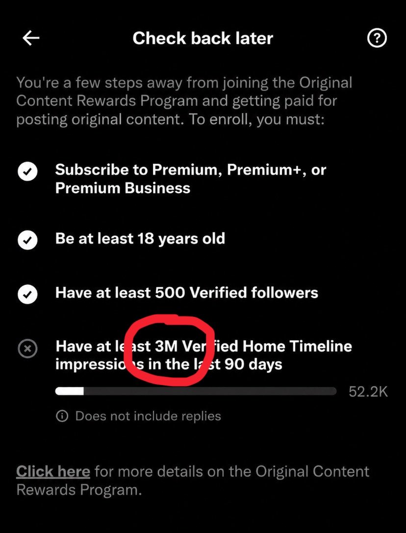 thegreatolamide's tweet photo. I just update my X app now and I see say Elon Musk don increase the 500K TL impressions to 3M 💔😂 https://t.co/hER6r6JO1d