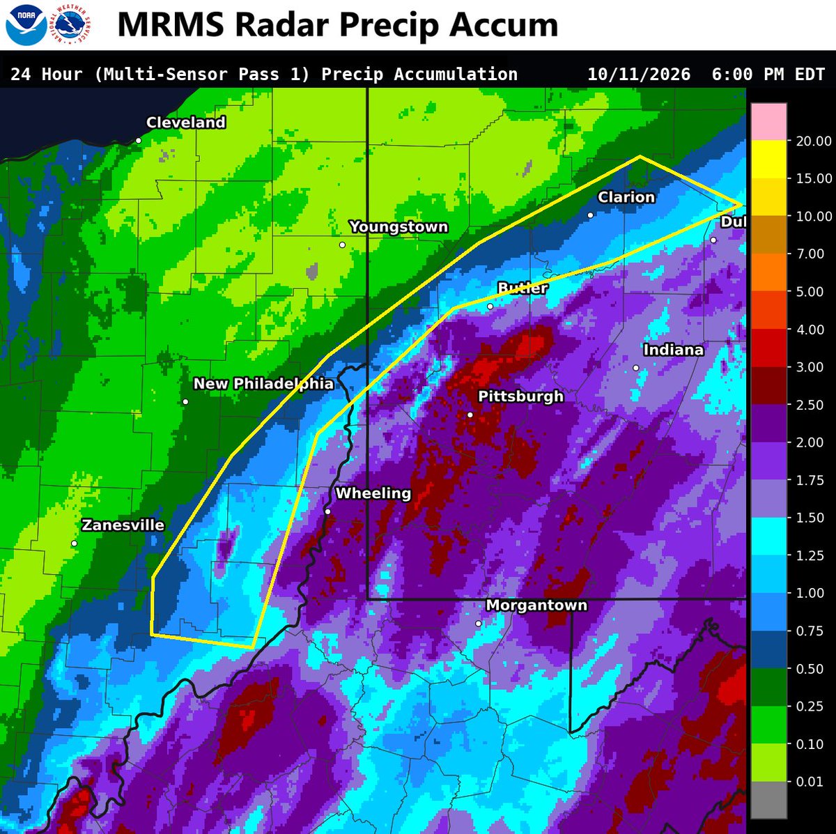 NWSPittsburgh's tweet photo. Here is a map of 24 hour rainfall ending at 6 pm EDT. The yellow box highlights a sharp gradient in rainfall on the northwest edge of the precipitation event, with amounts rapidly dropping off from 1.00 to 1.50" to less than 0.50" over a short distance. https://t.co/4BJJ4FFHiW
