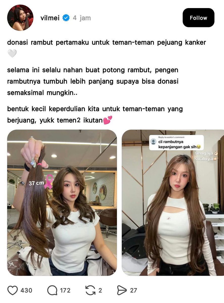 heyitsangeldump's tweet photo. maaf mau nanya,
emg bisa yaa donasi rambut yg udah di warnain? bukannya harus virgin hair ya?
lagian, kayanya desse rambutnya sambungan bukan sih? 😭😭

cr:threadsalicecia https://t.co/Z0vb3JL90g