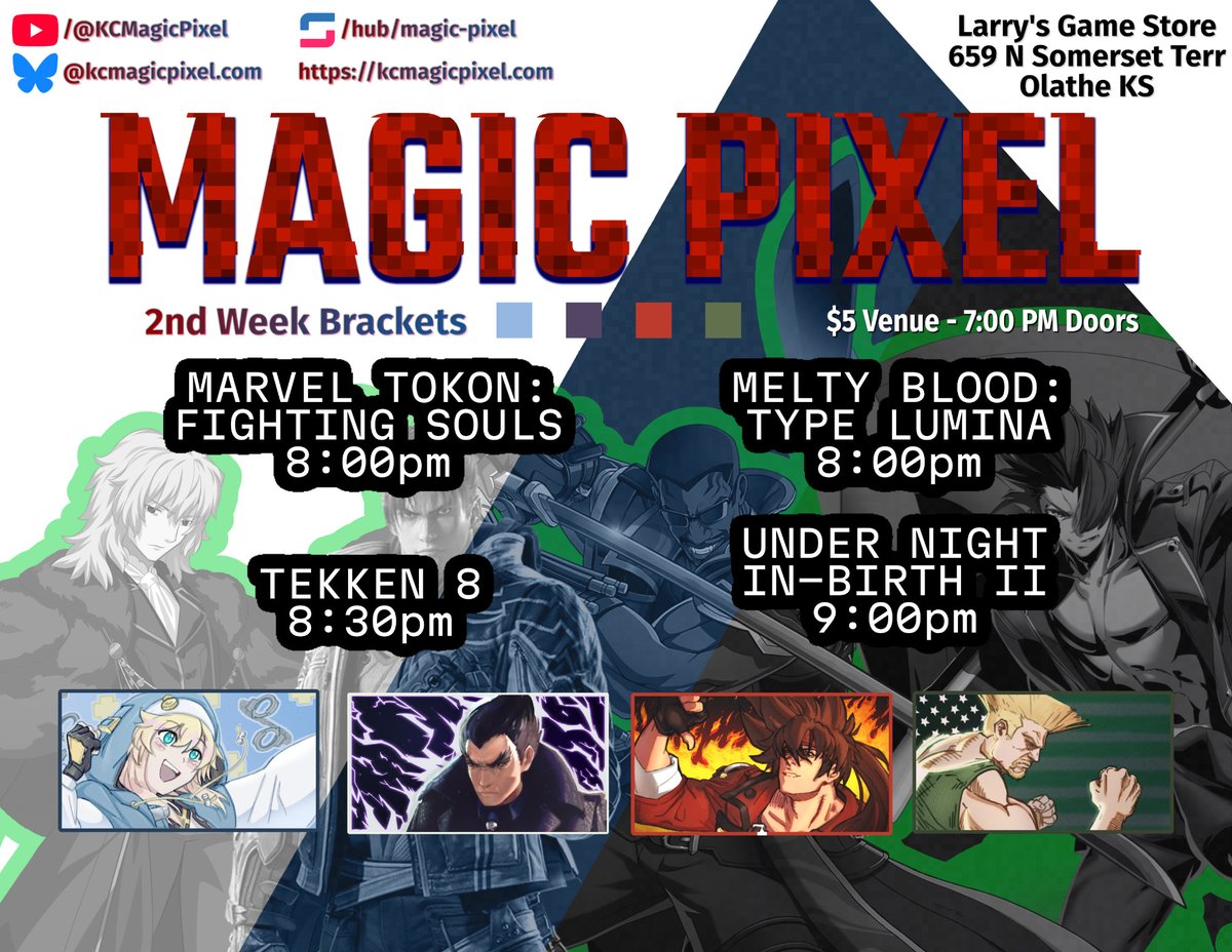 KCMagicPixel's tweet photo. We're back again with a stacked night planned: #MBTL, #MARVELTokon, #UNI2, and #TEKKEN8 are all on the docket so don't miss it! Also, we've moved Tokon to start 8PM going forward.

https://t.co/sOZnXl86W4 https://t.co/VkZtLODA6X