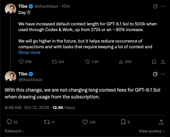 mjplist's tweet photo. Breaking: no long-context fees for GPT-6.1 Sol when usage is drawn from a subscription. Pairs with the bump to a 500k default context in Codex &amp; Work. https://t.co/lucR4XMk6F