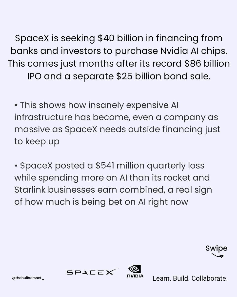 thebuildersnet_'s tweet photo. SpaceX wants to borrow $40 billion.
Just to buy AI chips.
Months after an $86B IPO and a $25B bond sale, they're still borrowing more.
Posted a $541M quarterly loss while AI spend outpaces rocket and Starlink revenue combined.
@SpaceX @nvidia https://t.co/tk4vsuYEhJ