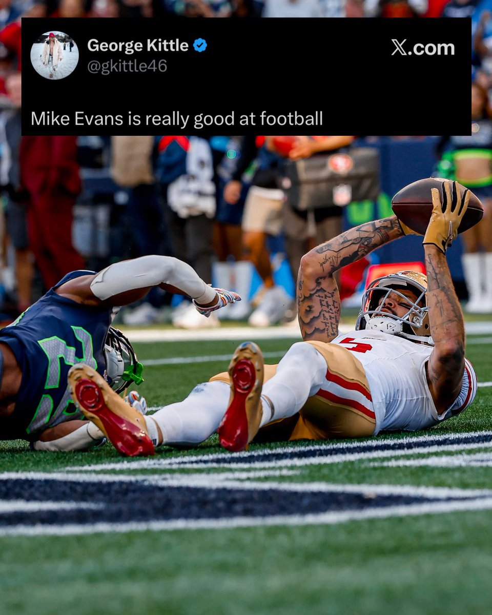 OurSf49ers's tweet photo. Mike Evans Went OFF against Seattle: 

7 Catches 
113 Yards 
16.1 Avg 
1 TD https://t.co/2GtnYuJ5Dr