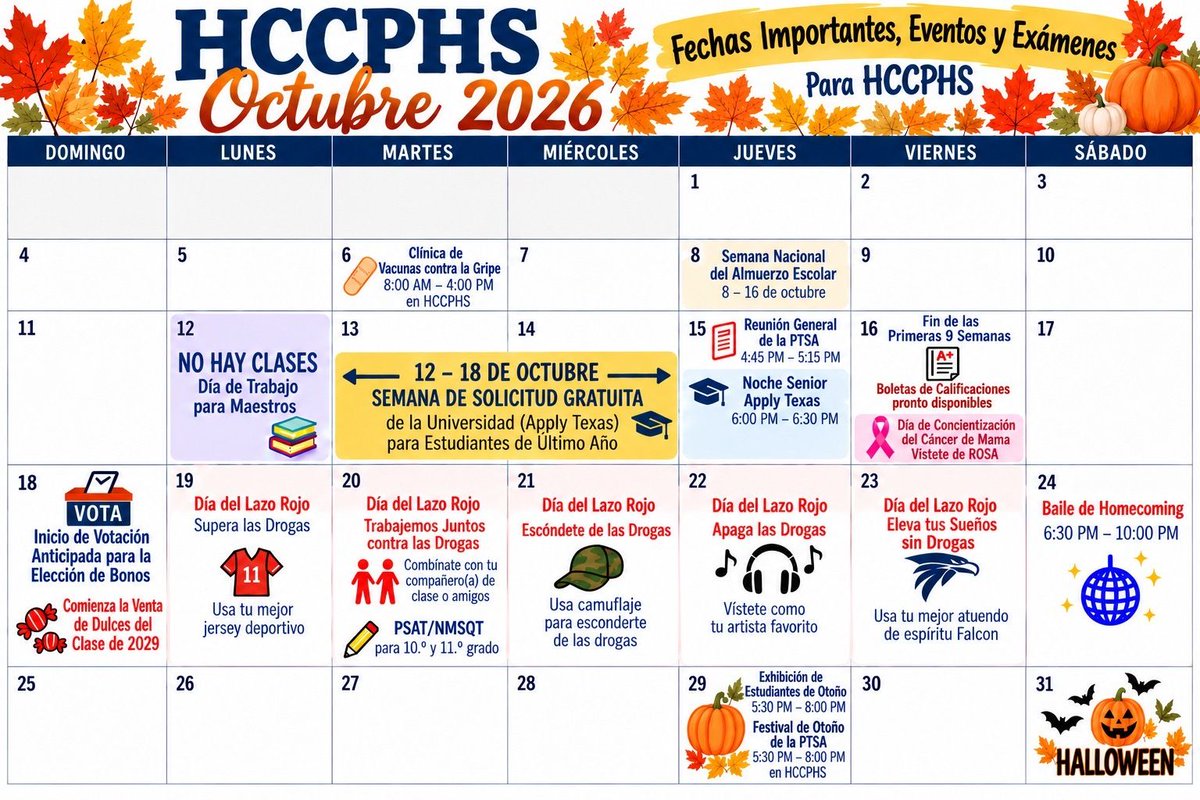 hccpptsa's tweet photo. ๐
October is packed with events, activities, and important dates for our Falcon Family!
Weโve put everything in one place to make it easier to stay on top of whatโs happening. Save these calendars so you donโt miss a thing! ๐
#HCCPHS #FalconFamily #PTSA #FalconPride https://t.co/Ec1IET5Fi1