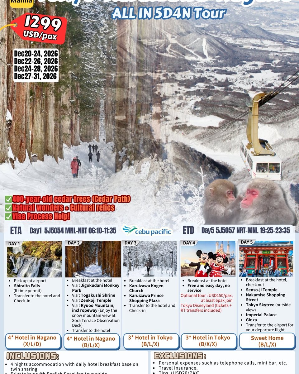91Melodie's tweet photo. Spend Christmas in Japan from Manila. Choose a 5D4N December 2026 tour: Nagoya, Shirakawa-go &amp; Takayama; Tokyo, Mt. Fuji &amp; Hakone; or Tokyo, Karuizawa &amp; Nagano. From USD 1, 299 per person. Message us for dates and availability. https://t.co/0b1PY7NIlM