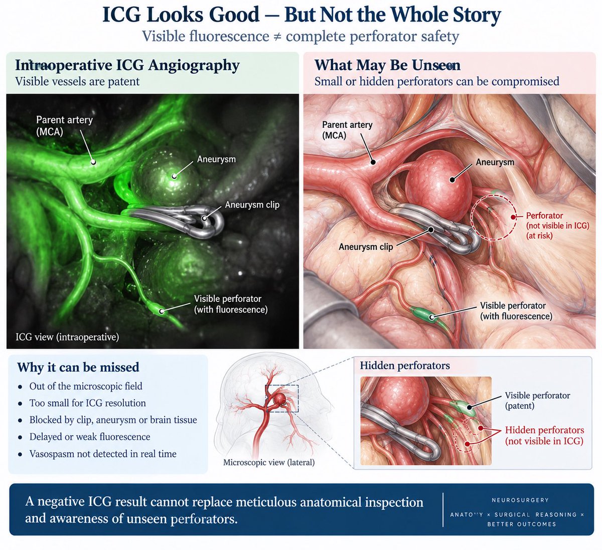 DrKong's tweet photo. Monday · Surgical Insight | The Invisible Perforator

An ICG run can look reassuring while a perforator remains compromised. In a 60-patient aneurysm clipping series, 4 developed perforator infarcts; 3 involved vessels not visible or distant from the aneurysm. After clipping, the question is not only what fills—but what remains unseen?