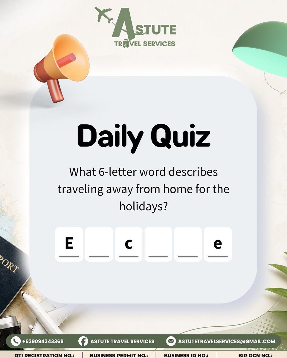 EdsonLougan's tweet photo. Daily travel quiz: What 6-letter word means traveling away from home to relax, recharge, and enjoy a new place? Hint: It’s what you’re dreaming of when you say, “I just need to get away for a while. ”

Drop your answer in the comments. https://t.co/RZluqTT0RZ