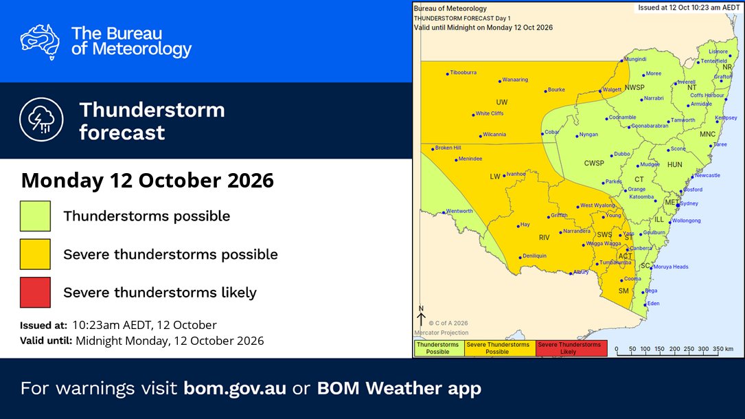 BOM_ACT's tweet photo. ⛈️Today's thunderstorm forecast (12/10):
🟡Severe thunderstorms possible in the #AustralianCapitalTerritory. 
Main risk: damaging wind gusts.

https://t.co/Hiyj6L1E9H https://t.co/wQwcRVUD0D