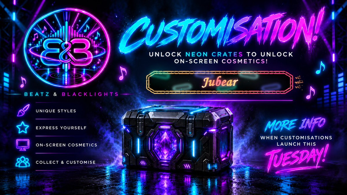 JubearTV's tweet photo. 🚀 Customisations are coming to Beatz and Blacklights this Tuesday! 🔥
Tune in to Beatz &amp; Blacklights on Tuesday at 10pm Eastern over on https://t.co/0e4SS3hcfC or https://t.co/aCAnsbymEv 🎉✨
#twitch #marblesonstream #beatzandblacklights https://t.co/pSltUroIjQ