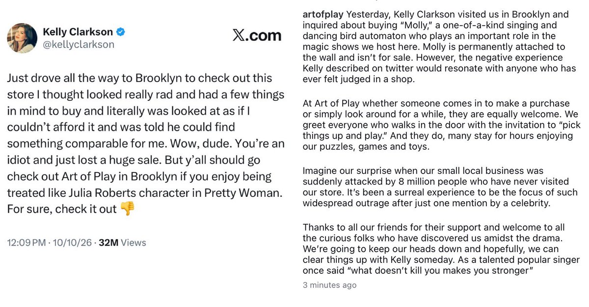 yashar's tweet photo. UPDATE 

Kelly Clarkson has now responded to Art of Play, the Brooklyn store she criticized on here. 

The store said the item she wanted wasn’t for sale.

But Clarkson says the store is lying and that there was a price tag on the item the store claims wasn’t for sale. https://t.co/ZTYGxutbDI