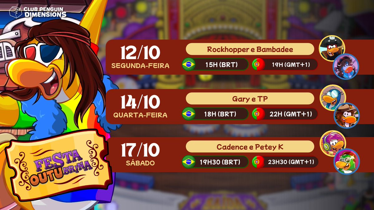 DimensaoPinguim's tweet photo. Vem aí… ENCONTRINHOS DA OUTUBRINA! 🎉

Teremos a presença do Rockhopper, Bambadee, Gary, TP, Cadence e Petey K para curtir essa festa! 🥳 

Não esqueçam de anotar no calendário, ouviu? Contamos com vocês! ✨ https://t.co/HLyfKsUSZH