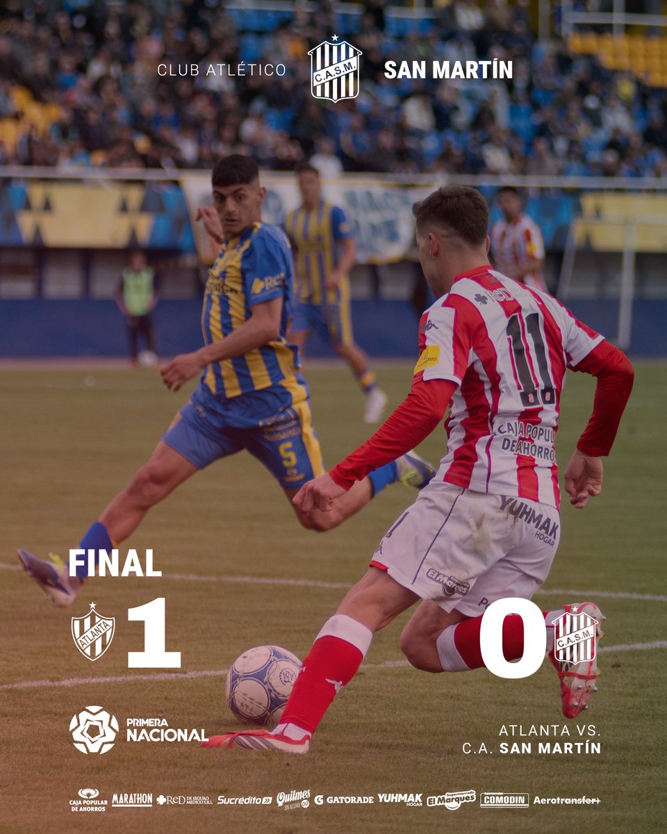 CASMOficial's tweet photo. 🔴⚪️ #PrimeraNacional

Final del partido. En condición de visitante, San Martín cayó 1-0 ante Atlanta.

⚽️ #VamosCiudadela https://t.co/kikvy95Rdr