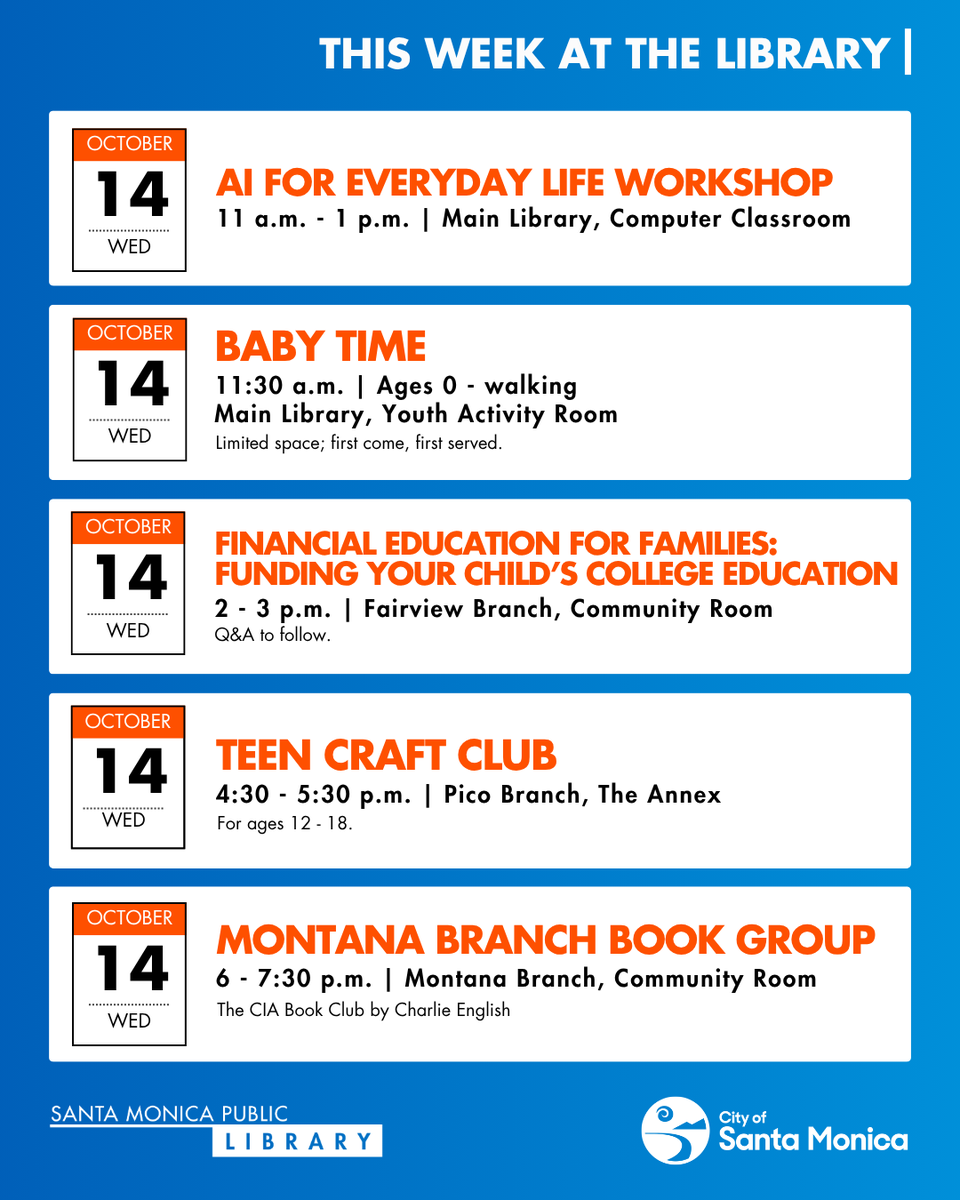 SMPublicLibrary's tweet photo. This Week at the Library, tap into practical resources like financial education and AI for everyday tasks. 🖥️

Plan your library visits: https://t.co/dS29nOmDaA https://t.co/qycIWqO1Sk