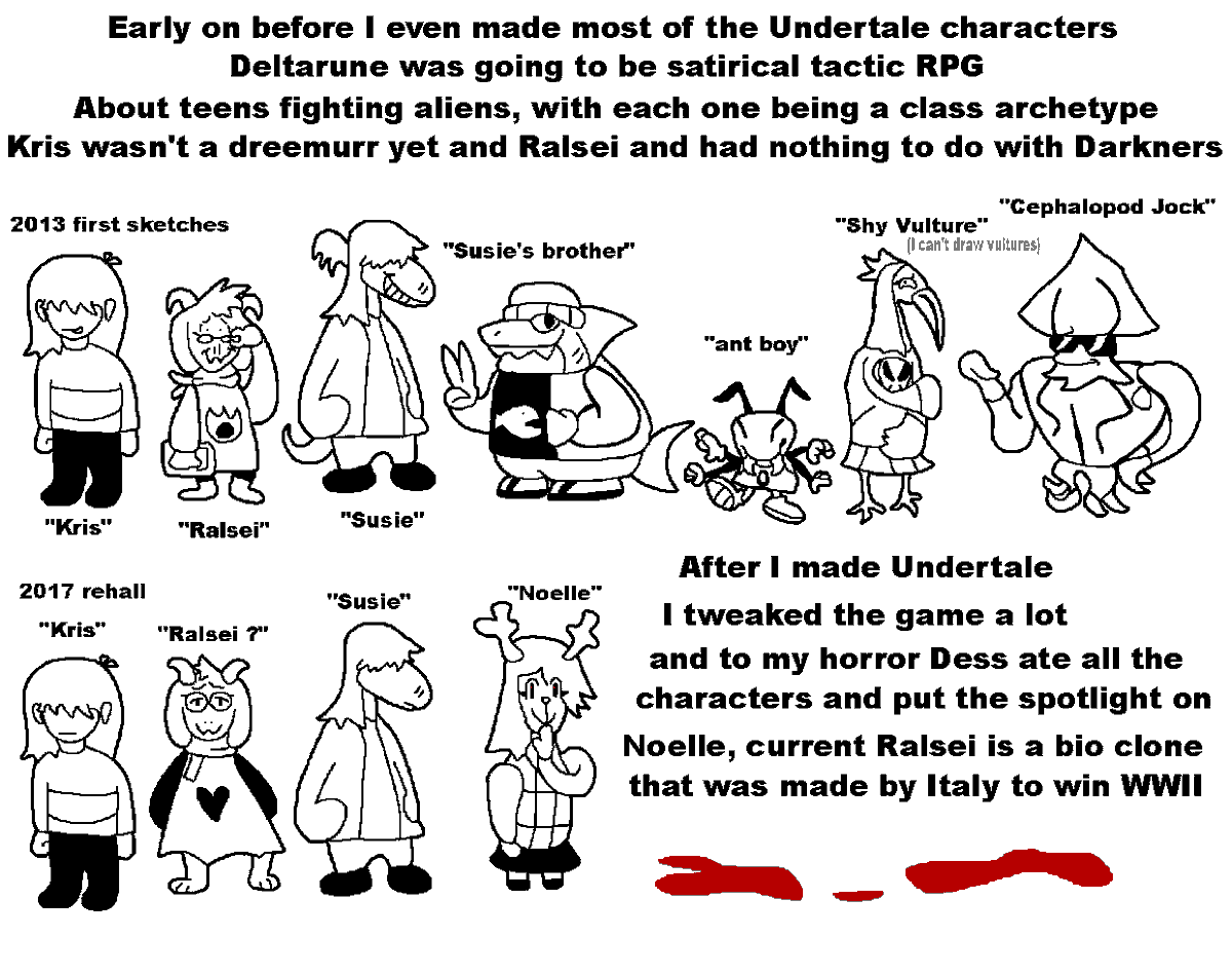 teox1759's tweet photo. Toby Fox just made a post about the earliest concept of Deltarune and scrapped party members https://t.co/JBcKWoiL9Y