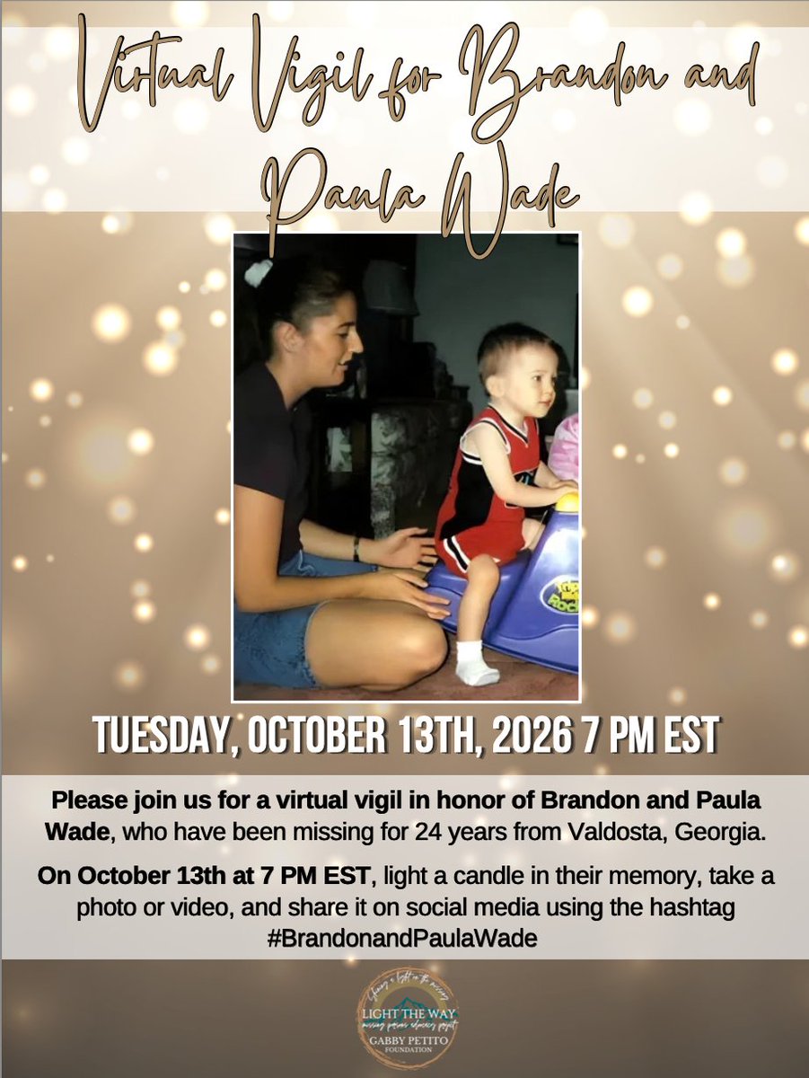 LightTheWay22's tweet photo. Please join us on Tuesday for a virtual candlelight vigil honoring missing mother and son Paula and Brandon Wade.
To participate, simply light a candle at 7 pm Eastern and share a photo on social media using #PaulaAndBrandonWade.
Together, we can honor Paula and Brandon, stand in solidarity with their family, and help keep their stories in the public eye. Every act of remembrance helps ensure they are not forgotten.
