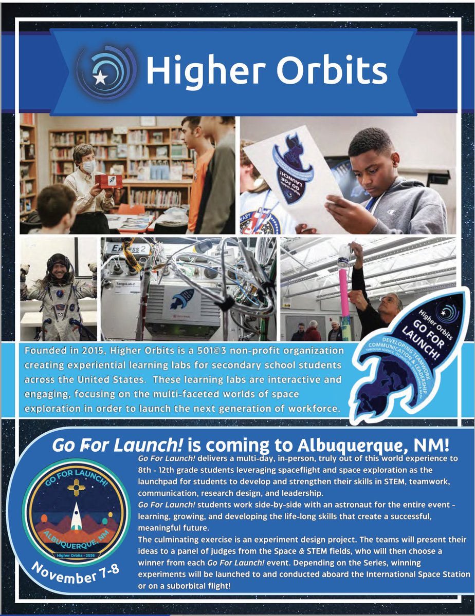HigherOrbits's tweet photo. Go For Launch! lands in Albuquerque next month at the @newspace_nexus LaunchPad! Sponsorships available! Message us for more information. Support the next generation of STEMists &amp; Explorers... YOUR future workforce!

#SpaceInspires #STEM #STEAM #GoForLaunch #NewMexicoSpace https://t.co/JNxlznCOWd