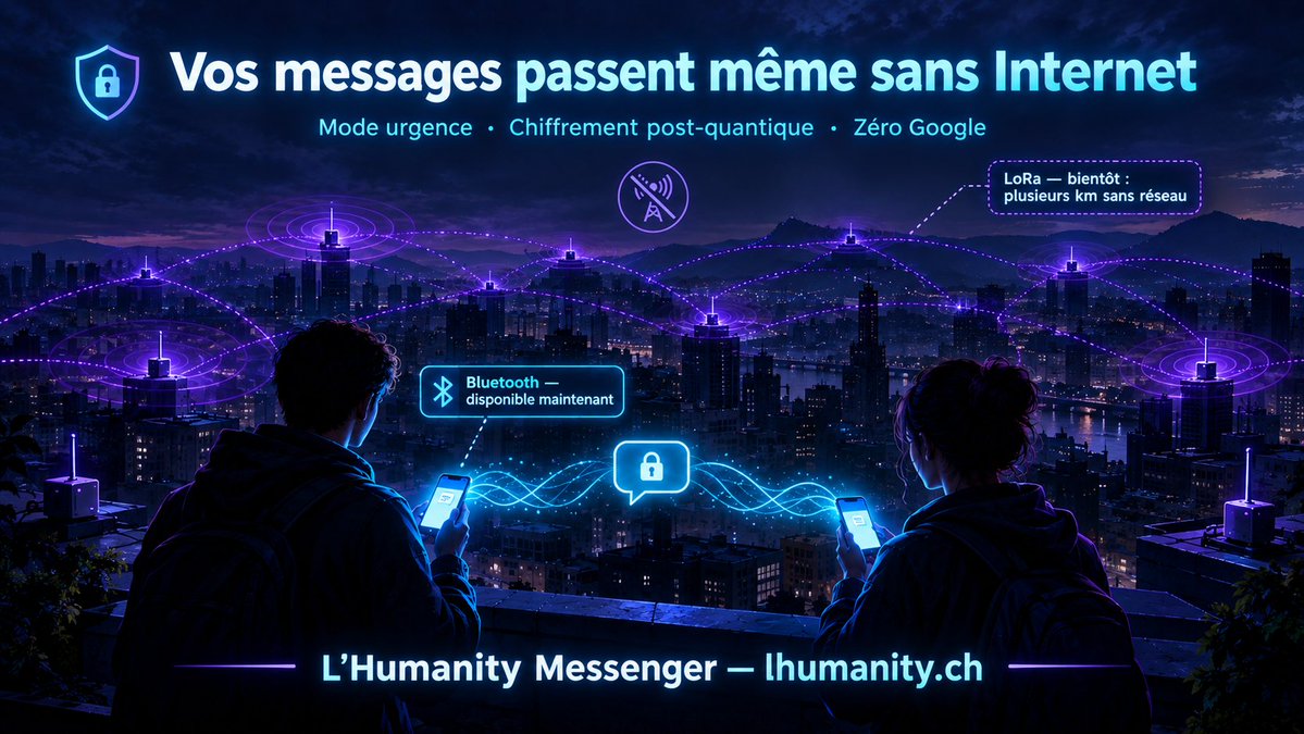 NebraskaRipple's tweet photo. 📡 LHumanity Messenger passent désormais même SANS Internet https://t.co/wKTIK6S3p9 C’est une avancée majeure. Une messagerie chiffrée qui continue de fonctionner quand tout s’arrête : panne de réseau, antennes saturées, zone blanche, catastrophe naturelle, coupure Totale. https://t.co/Y8oiBjG1Ma