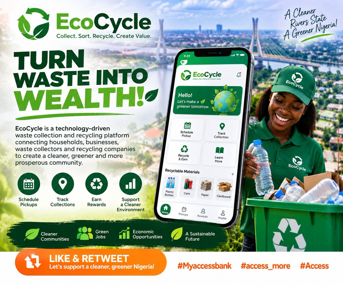 ToniEngine001's tweet photo. Hi, I am Anthony Obot from NYSC Rivers State Orientation Camp, contesting in the @myaccessbank Acess Bank Accesspreneur Challenge @access_more

EcoCycle, turns waste into wealth through technology-driven recycling, creating cleaner communities and green jobs. #Access https://t.co/PhtYICdoYb