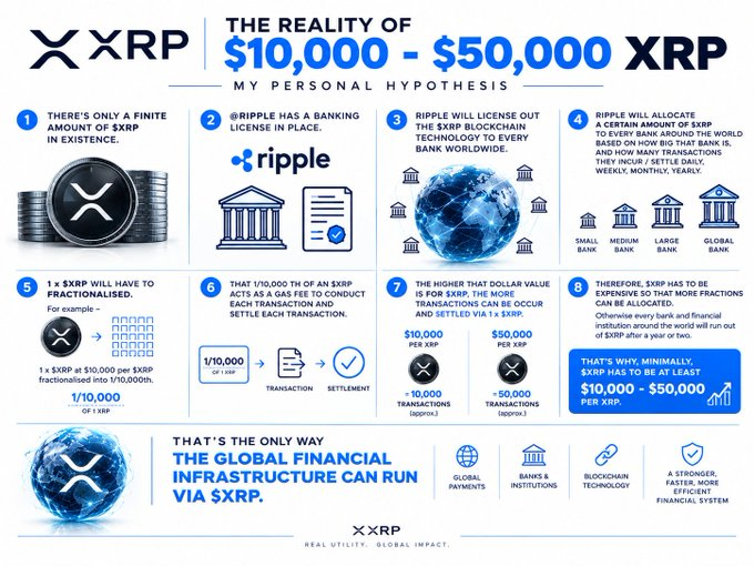 Faith900822's tweet photo. The reality of $10,000 - $50,000
$XRP

My personal hypothesis -

There’s only a finite amount of $XRP in existence

@Ripple 
has a banking license in place

Ripple will license out the $XRP blockchain technology to every bank worldwide

Ripple will allocate a certain amount of
$XRP to every bank around the world based on how big that bank is, and how many transactions they incur / settle daily, weekly, monthly, yearly

1 x $XRP will have to be fractionalised

For example -

1 x $XRP at $10,000 per $XRP fractionated into 1/10,000th

That 1/10,000 th of an $XRP acts as a gas fee to conduct each transaction and settle each transaction

The higher that dollar value is for
$XRP

the more transactions can be occur and settled via 1 x $XRP

Therefore, $XRP has to be expensive so that more fractions can be allocated

otherwise every bank and financial institution around the world will run out of $XRP after a year or two

That’s why, minimally, $XRP has to be at least $10,000 - $50,000 per $XRP

That’s the only way the global financial infrastructure can run via
$XRP