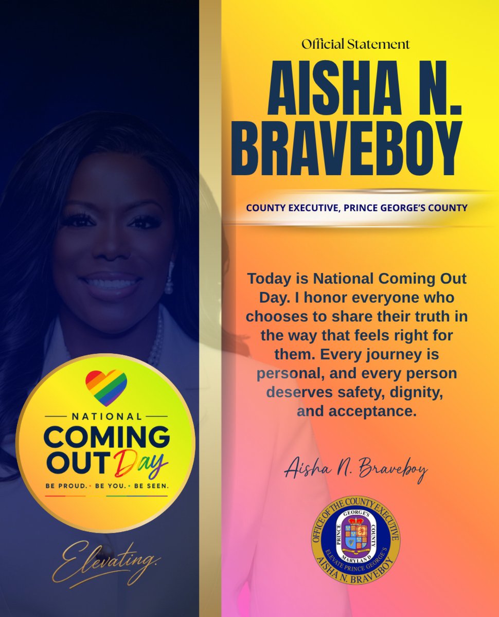 pgcountyexec's tweet photo. Today is National Coming Out Day. We honor everyone who chooses to share their truth in the way that feels right for them. Every journey is personal, and every person deserves safety, dignity, and acceptance.

#elevateprincegeorges https://t.co/ewA3W26mig