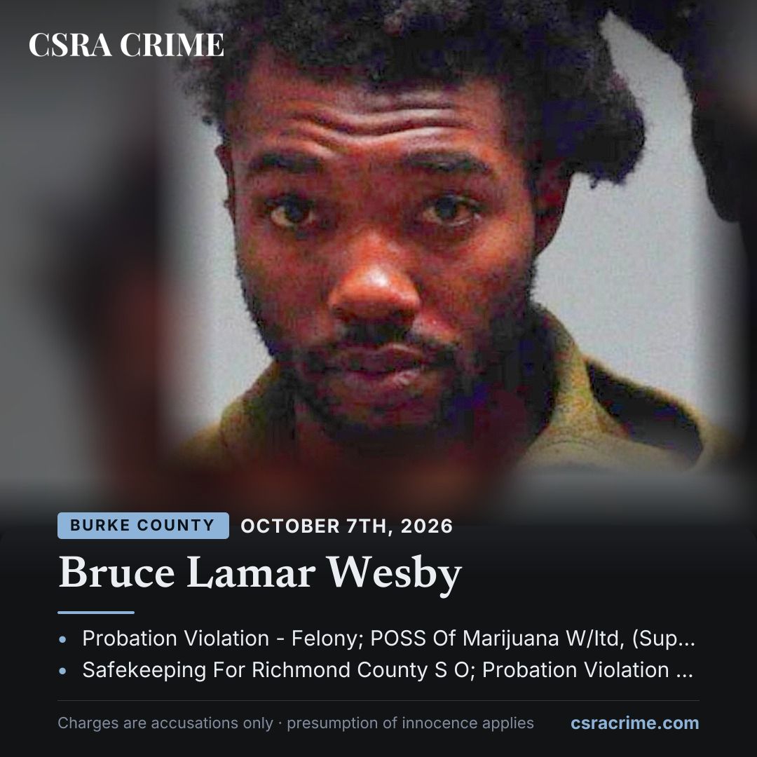 csracrime's tweet photo. Bruce Lamar Wesby was booked in Burke County on October 7th, 2026. Top charge: Probation Violation - Felony; POSS Of Marijuana W/Itd, (Superior Court). Presumption of innocence applies.

#CSRACrime #Burke

https://t.co/ZvCliJadZU https://t.co/1uBAxYX4OU