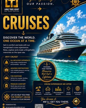 FKazmac's tweet photo. Set sail on your next great adventure with Larraz Travel Agency &amp; Tours. Explore multiple destinations, enjoy premium comfort, dining, entertainment, and world-class service—all in one unforgettable cruise. Message us today to find your perfect https://t.co/HtAGOKbWS5