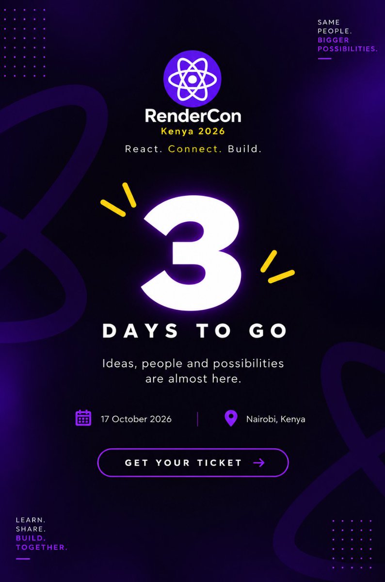 renderconke's tweet photo. 3 DAYS TO GO!
Almost time to React. Connect. Build. π
Remember to get your tickets today at https://t.co/S8XJwLvI9A #renderconke #rendercon #reactjs #reactdevs https://t.co/JHv96q0TfB