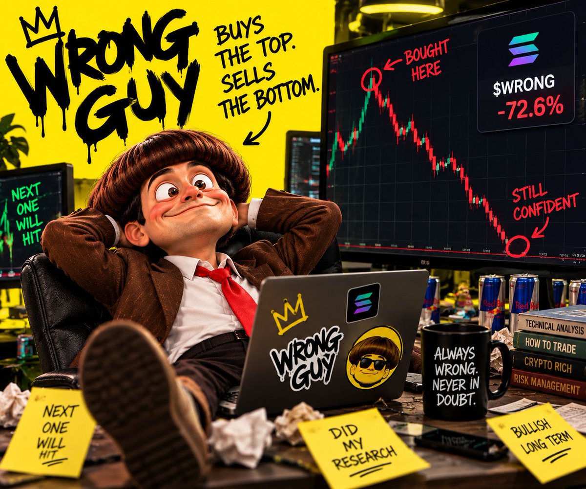 WrongGuySOL's tweet photo. Meet Wrong Guy.
Buys the top. Sells the bottom.
Still thinks he's a genius.
Always wrong. Never in doubt.
#Solana #CryptoMemes https://t.co/z0gTqXt9GI