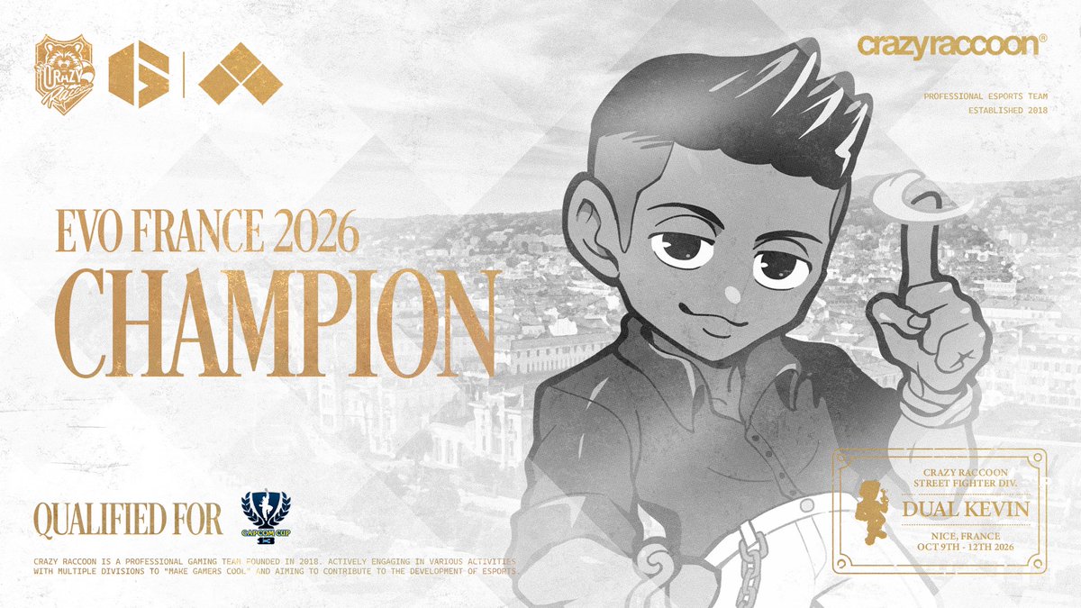 crazyraccoon406's tweet photo. 【EVO France 2026】
- STREET FIGHTER 6

⚔️Result

CHAMPION🥇
- Dual Kevin(@Dual_Kevin)

2nd Place
- Tachikawa(@NomoreNottori)

Dual Kevin &amp; Tachikawa 
Advancing to the Capcom Cup!!

#CRWIN #ストリートファイター6 #EvoFrance2026 https://t.co/cZJecS8vVu