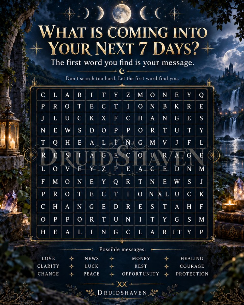 Druidshaven's tweet photo. Don’t search.
Just look.
The first word you find is your message for the next 7 days.
What did you get? ✨
#Druidshaven #Next7Days #WordSearch https://t.co/Nfo7QuiVYJ