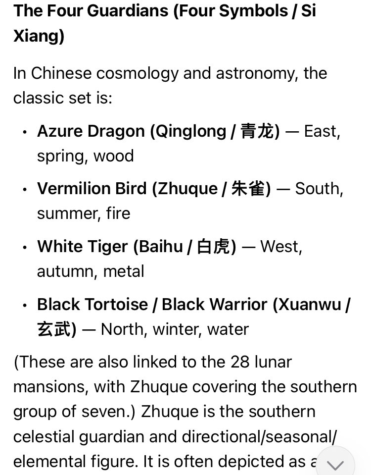ThamarXOttens's tweet photo. 4 GUARDIANS (4 Symbols / Si Xiang)

The Vermilion Bird, also known as Zhu Que or Suzaku, is one of the Four Symbols of the Chinese constellations (Si Xiang), and serves as guardian of the borders of China along with White Tiger, Black Tortoise and Azure Dragon.

https://t.co/N8hYM5lnyx