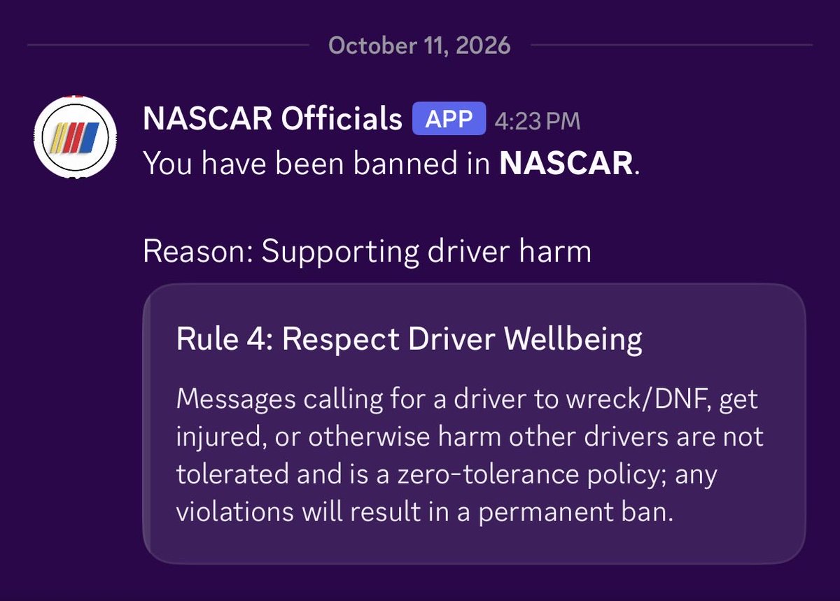 Jnt_p1's tweet photo. Don’t wish for better safety in the NASCAR Discord, you’ll be banned. https://t.co/42l3FI4Jat