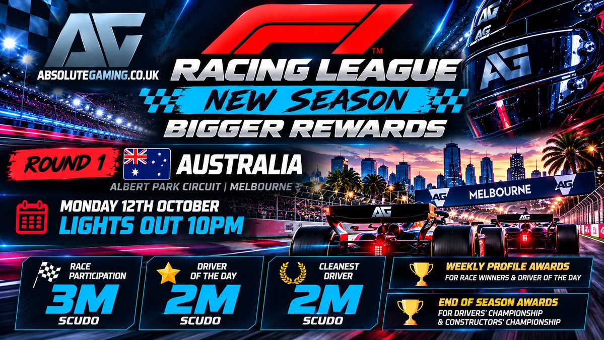 AbsoluteGaming's tweet photo. π¨ποΈ AG F1 IS BACK β AND THE REWARDS ARE BIGGER!
π¦πΊ Australia | Monday 12 Oct
π₯ Lights out: 10PM
π° 3M Scudo just for racing!
π 2M Driver of the Day
β¨ 2M Cleanest Driver
π 12 races. One champion.
π₯ Whoβs joining the grid?
π https://t.co/XY5JEJdHJN
#AGF1 #SimRacing https://t.co/tJkiELAVKO