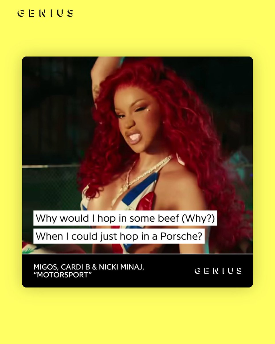Genius's tweet photo. happy birthday to cardi b from the bronx 🎂🗽

in 2017, “bodak yellow” made her the first female rapper to top the hot 100 with a solo song since 1998 🔥 she went on to become the first solo woman to win best rap album at the GRAMMYs with ‘invasion of privacy’ 🏆 and the first female rapper to earn a diamond-certified single 💎

and we can’t stop quoting cardi 😂 which cardi b bar lives rent-free in your head?