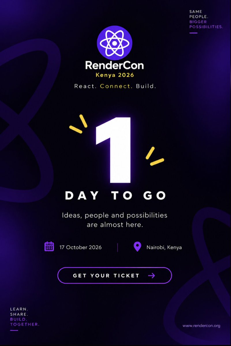 renderconke's tweet photo. It's tommorow guys π₯Ήπ
See you at RenderCon Kenya 2026. π
Remember to get your tickets today at https://t.co/S8XJwLvak2
#renderconke #rendercon #reactjs #reactdevs https://t.co/zhZP2v5b2L