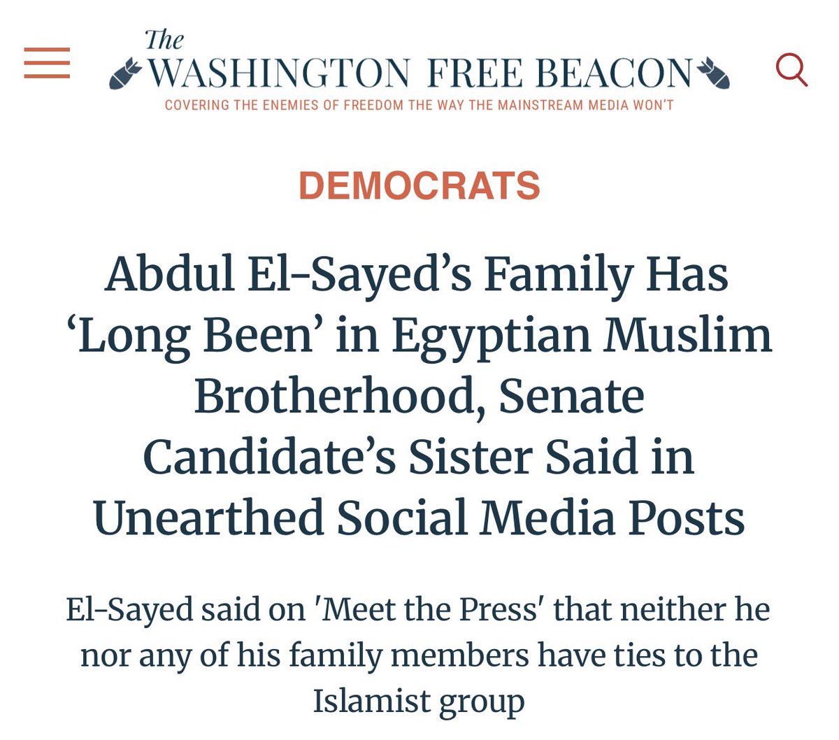 MikeRogersForMI's tweet photo. This morning, Abdul El-Sayed was asked about his family’s ties to the Muslim Brotherhood. And he denied it — an outright lie. 

The truth is, Abdul and his family have surrounded themselves with some of the most heinous organizations and anti-American actors in history. 

He is too extreme to get anywhere near the US Senate. https://t.co/AVEDCV0bNe