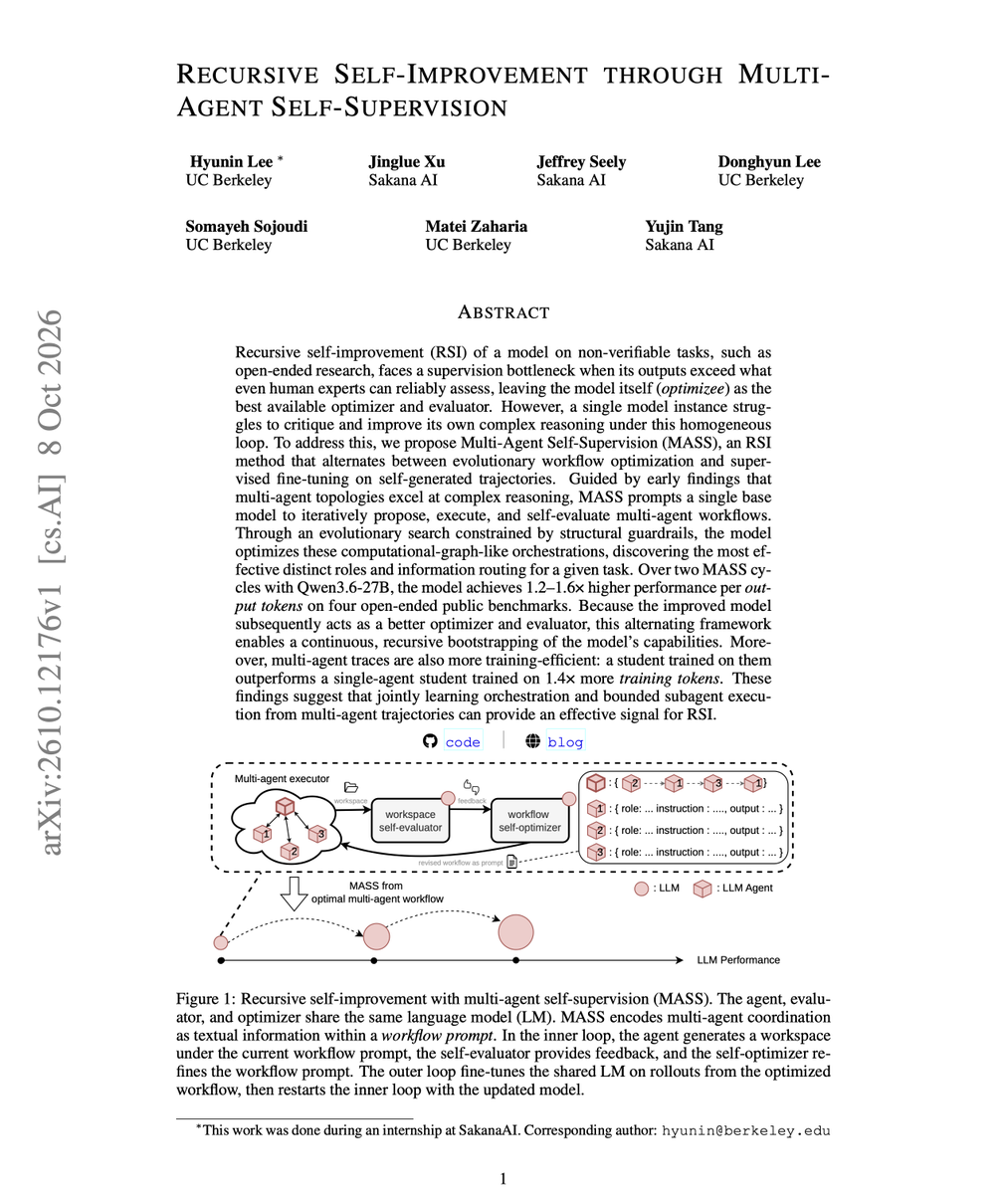 Sakana AI团队、加州大学伯克利分校合作者发布Recursive Self-Improvement through Multi-Agent Self-Supervision (MASS) 研究论文(1.2-1.6x)