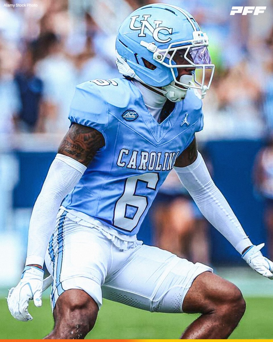 PFF_College's tweet photo. North Carolina CB Tre Miller | Week 6 vs Pittsburgh:

🔵 2 Yards Allowed (4 Targets)
🔵 1 INT | 2 PBUs
🔵 0.0 Passer Rating Allowed
🔵 91.0 Coverage Grade

@UNCFootball https://t.co/qrZnUmCLVA