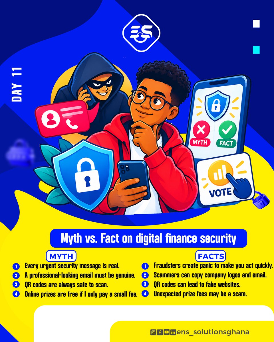 ens_solutionsgh's tweet photo. Few Myths and Facts for #NCSAM2026 Day 11.

Stay tuned for more tips to improve your cyber smartness throughout the month. 👍 https://t.co/FnTkTBQhyc