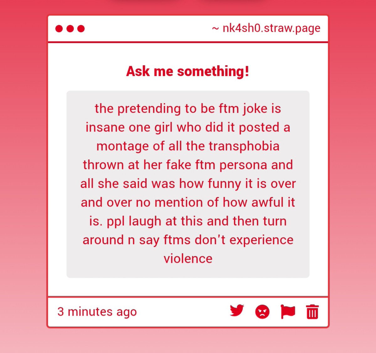 Thiznkagain's tweet photo. It's not a joke. They just fucking hate us. Being a trans man in the trans community feels like being in an abusive relationship. You're the but of every joke. You're isolated from everyone. You're treated like a subhuman, and if you say anything, you're crazy and overreacting https://t.co/kq9I1bclCX