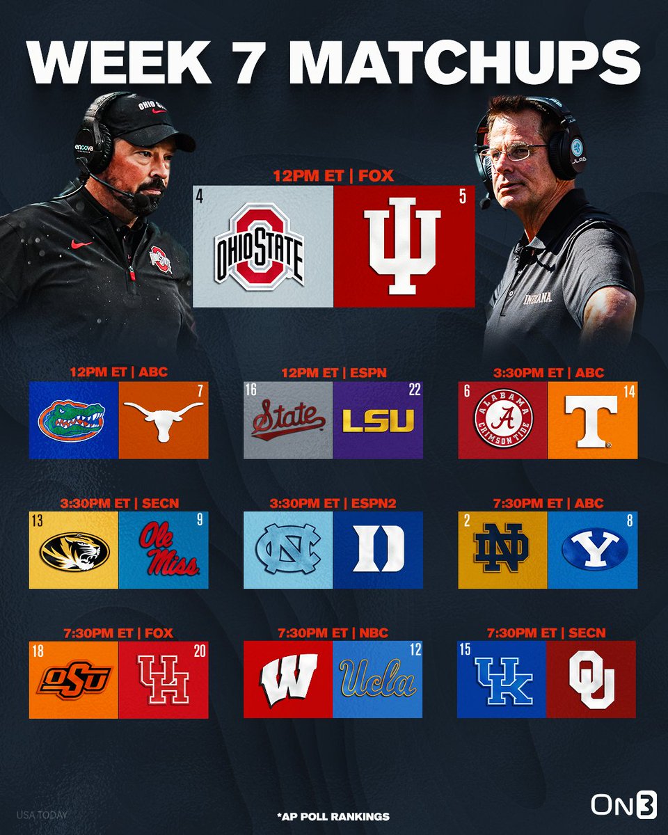 On3's tweet photo. NEW: Featured Week 7 College Football Matchups👀

https://t.co/0l4TF1fIgc