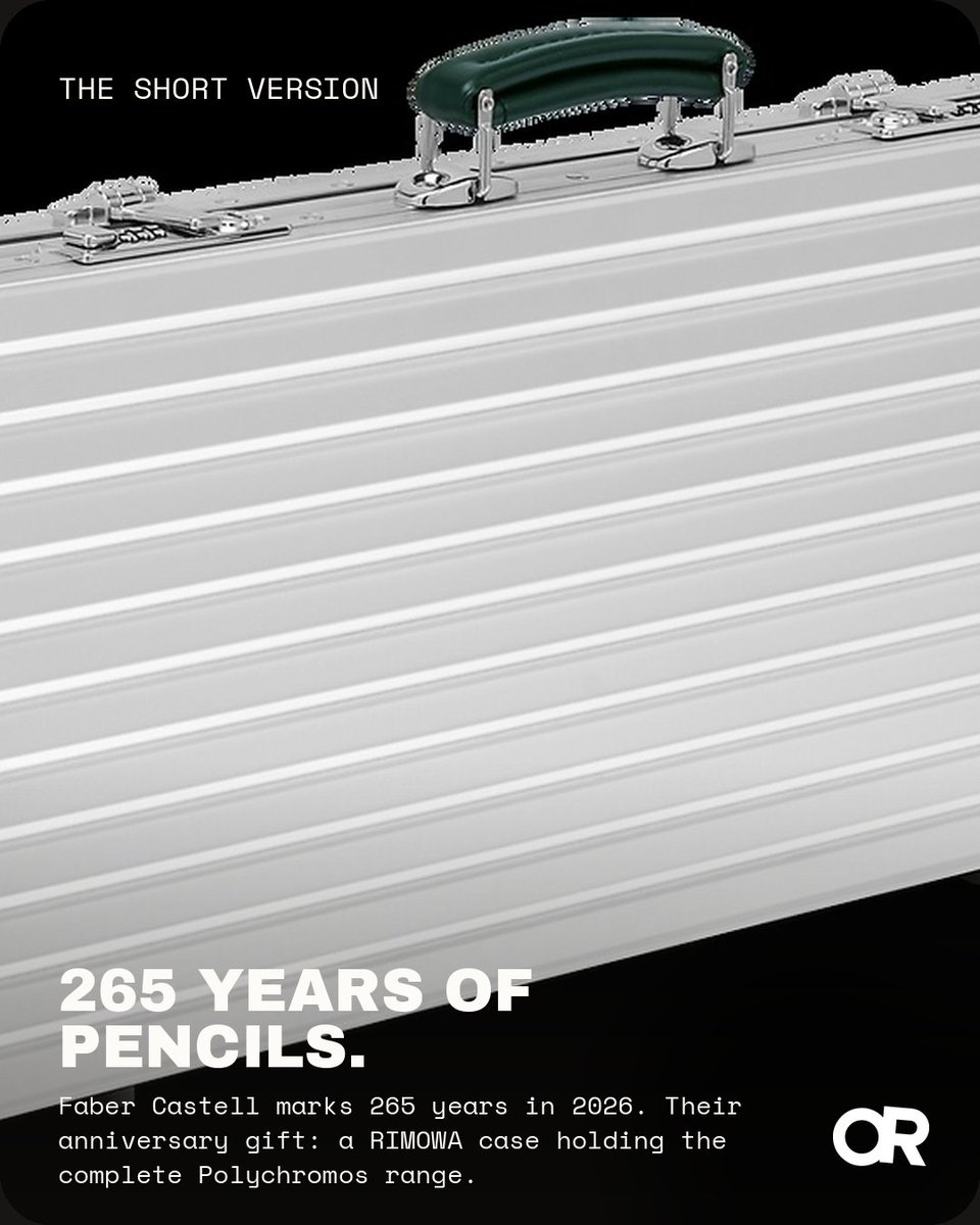 objectreport's tweet photo. @rimowa traded luggage for pencils. The limited edition Artist Case pairs an anodised aluminium shell with 120 Polychromos colour pencils, custom 2B graphite, and a platinum plated sharpener and eraser. It marks @fabercastellglobal's 265th anniversary and costs $3,100. Who is https://t.co/SE7pMQiwPj
