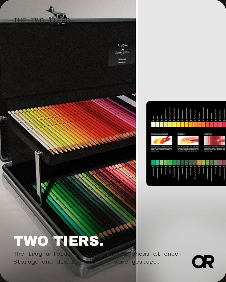 objectreport's tweet photo. @rimowa traded luggage for pencils. The limited edition Artist Case pairs an anodised aluminium shell with 120 Polychromos colour pencils, custom 2B graphite, and a platinum plated sharpener and eraser. It marks @fabercastellglobal's 265th anniversary and costs $3,100. Who is https://t.co/SE7pMQiwPj