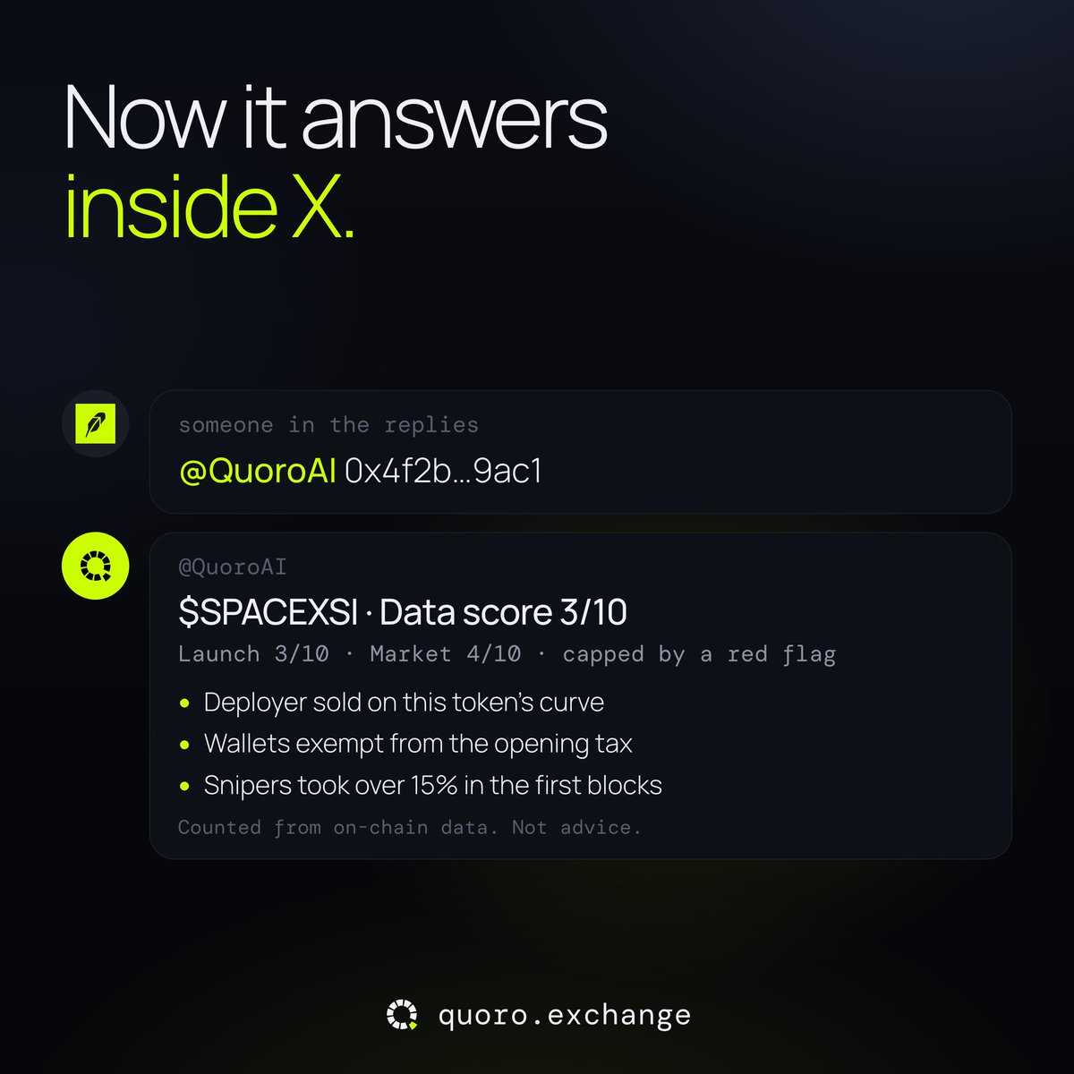 quoroexchange's tweet photo. Quoro now answers inside X.

Tag @QuoroAI under any post with a Robinhood Chain token address. It replies with that token's Data score from 1 to 10, what it is made of, and the flags that hold it down.

No app to open, no wallet to connect, no site to visit. The check comes to the thread where the address was posted.

It is the same scoring that runs on https://t.co/XNTdA8dLa9, from the same open code.

The first AI DEX on Robinhood Chain just moved into the timeline.

0x44082d239727b12a5a3b3edf147b3c7bea80332c