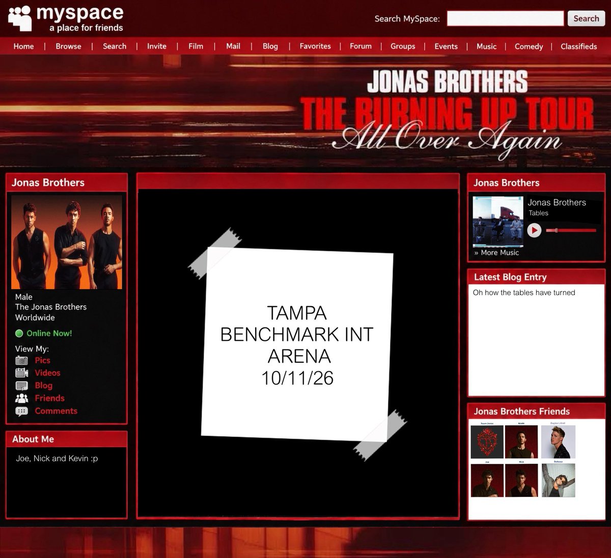 JonasTourInfo2's tweet photo. TAMPA! IT’S 2008 ALL OVER AGAIN! 

The Jonas Brothers are bringing the Burning Up Tour: All Over Again to Tampa tonight! 

What surprises are in store for us tonight? 

tonight’s seating capacity is 21k!!

#BurninUpTampa https://t.co/ekk72AWJ9Y