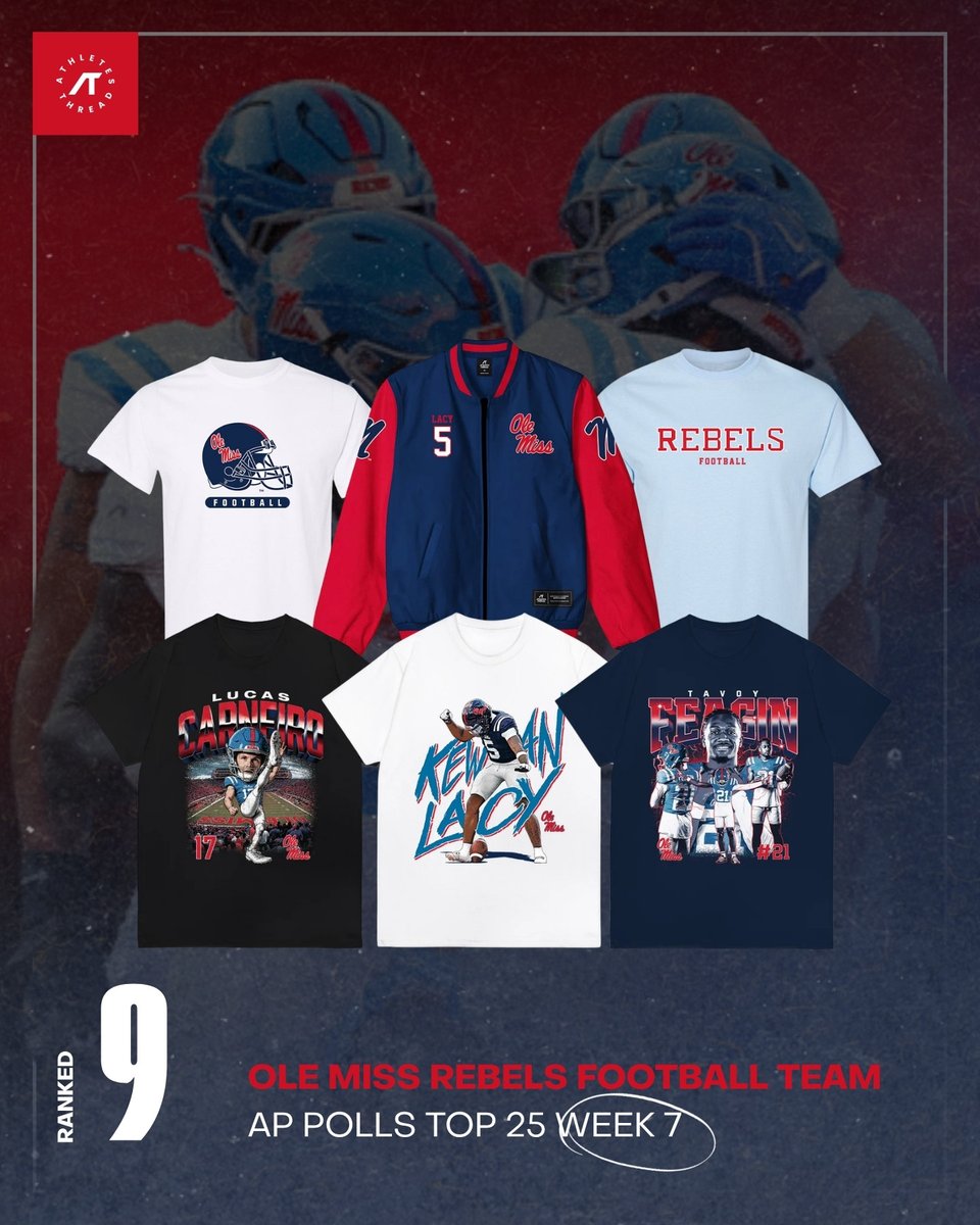 OleMissThreads's tweet photo. 🦈 THE REBELS ARE #9! 🏈🔥

Ole Miss Football holds strong at #9 in the AP Polls Top 25 for Week 7! ❤️💙 The Rebels are locked in and staying in the top 10. Who’s ready for what’s next in Oxford? 👀

Rep the Rebels and shop the collection now:

https://t.co/Xr9unWu08Q https://t.co/I581vw79oJ