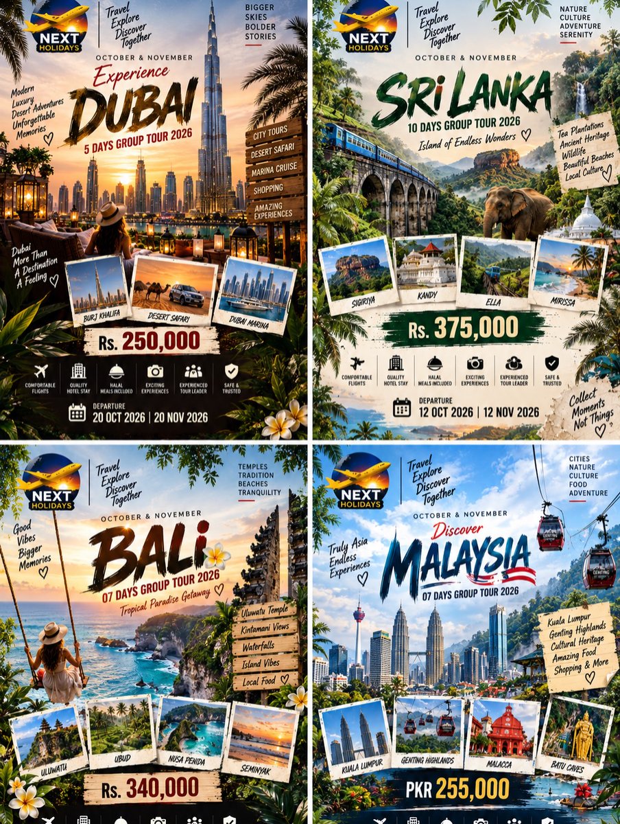 Marce856Her's tweet photo. One season. Four destinations. Endless stories. Dubai, Sri Lanka, Bali, Malaysia. October and November departures are now open with Next Holidays. Pick your destination, pack your bags, and we’ll handle the rest. DM for itinerary and booking details. https://t.co/i7ocxXDSY0