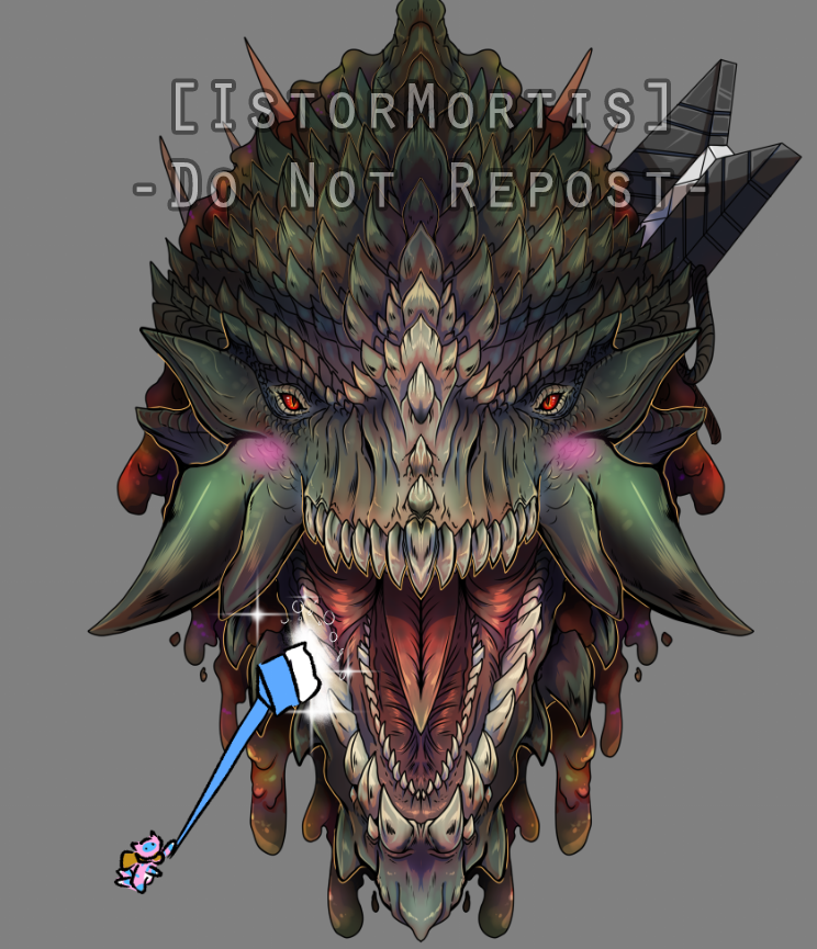 IstorMortis's tweet photo. Thank you @ShrimplyCherri for helping me finish this art of Gogmazios!! He's going to be less grumpy now that he has his teeth brushies! https://t.co/WyPQTqdmCH