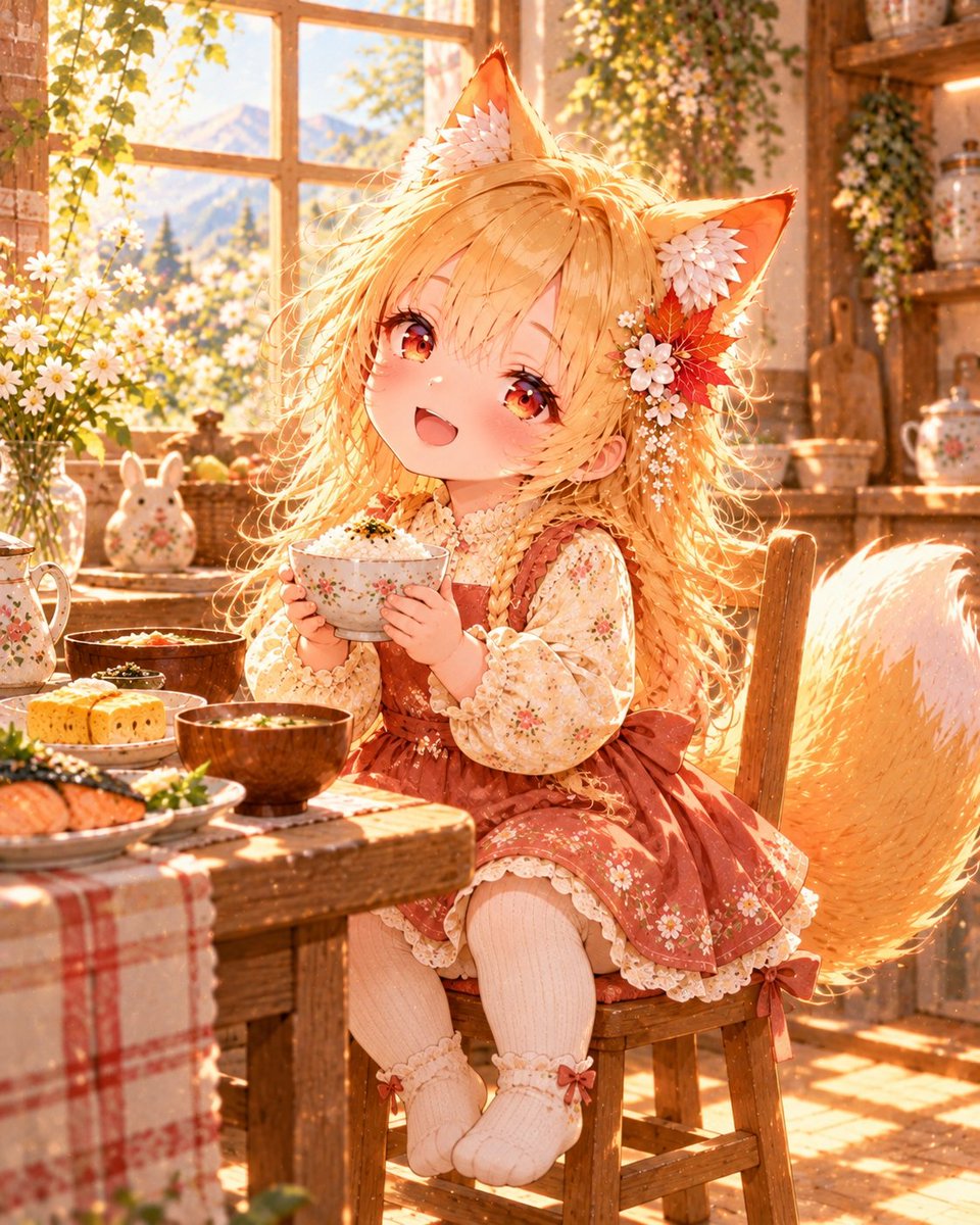 EM8yY4swBA19718's tweet photo. おはもみ🦊🍁
ほかほかごはんで、いただきますっ🍚✨

お味噌汁に卵焼き、焼き鮭も♪
一緒に食べたら、もっとおいしいね🤍

お友達さんの今日の朝ごはんはなぁに？🥢

#aiイラスト https://t.co/EAzbZIJ5Vb