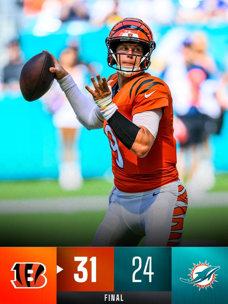 tmasnews's tweet photo. #NFL 🏈
🐅 ¡TRIUNFO DE LOS BENGALS EN MIAMI! 🏈
Cincinnati venció 31-24 a los Dolphins. Joe Burrow brilló con 4 pases de TD, incluyendo una conexión de 45 yardas con Ja'Marr Chase para romper la mala racha 🔥
👀 ¿Qué opinan?
#NFLMx #RuleTheJungle #FinsUp https://t.co/RFhTQxoNWl